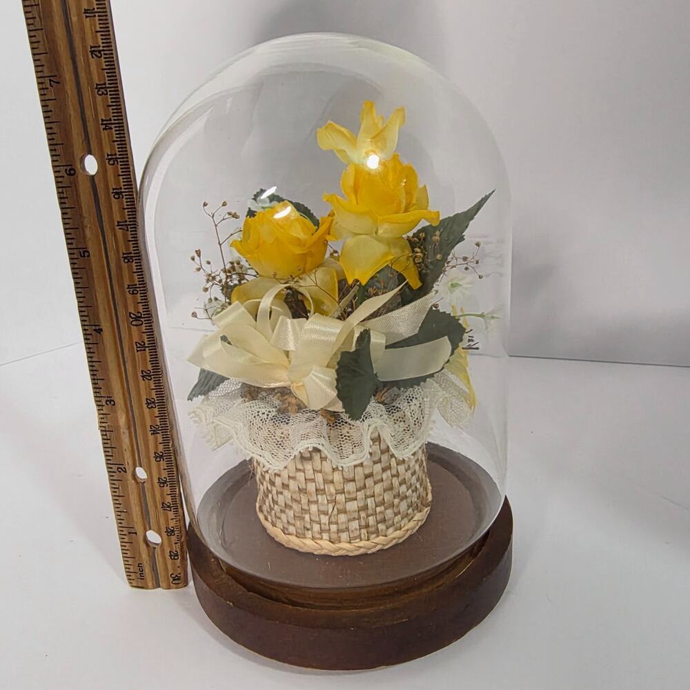 Vintage Style Glass Dome Floral Arrangement Yellow Flowers Wood Base Decor - Picture 2 of 6